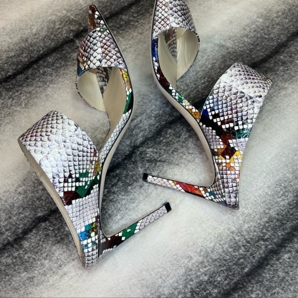 Jimmy Choo Hira 85 Multi Mix Glossy Rainbow Elaphe Snakeskin Mule Heels Sandals - Picture 4 of 8